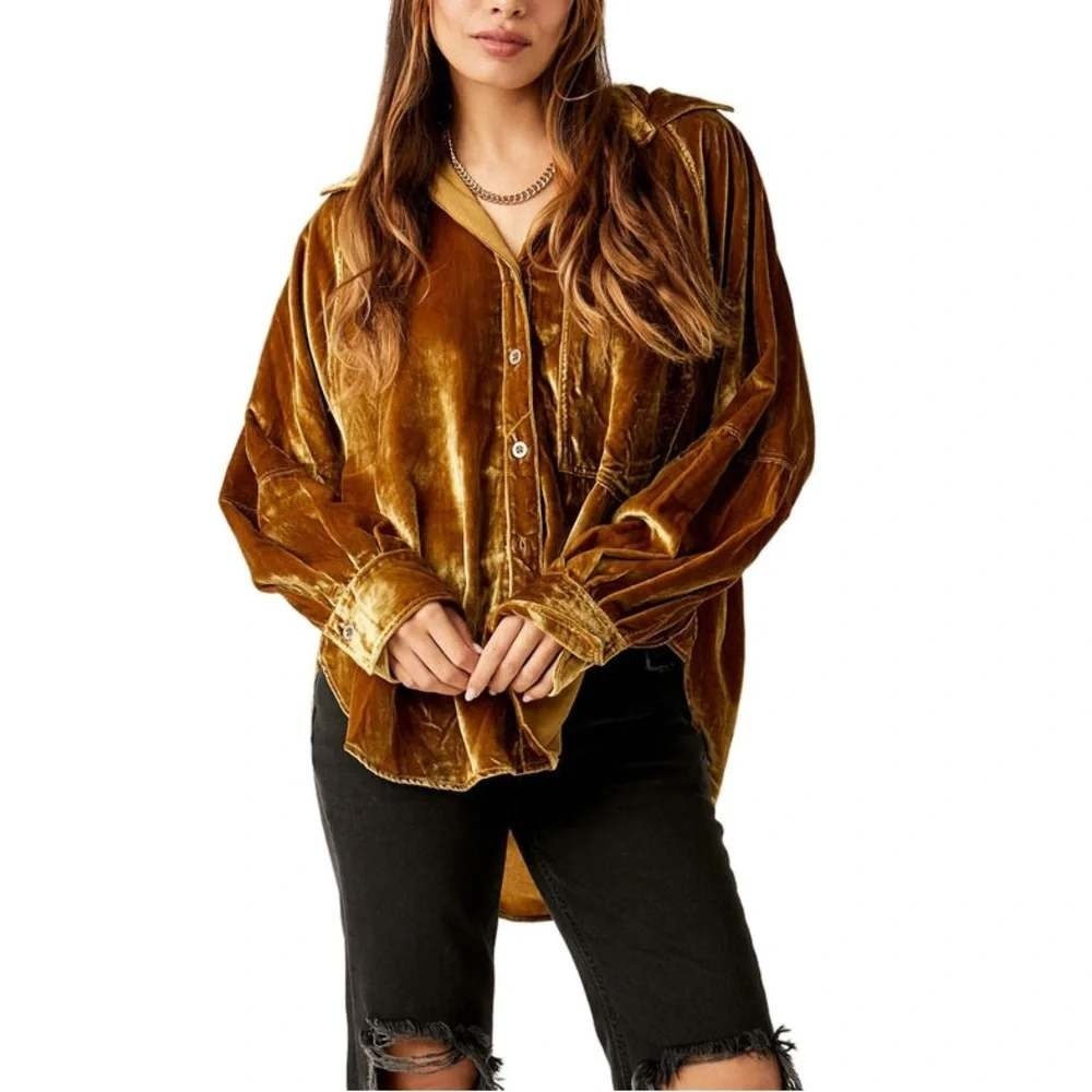 We The Free Night Skies Velvet Button Down Shirt Womens Medium Gold Long Sleeve - Picture 11 of 11